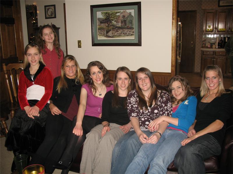 Jenny and her cousins, sister and Dan's sisters; From left to right: Sarah Schreiber, Stephanie Milberger, Karen Parente, Michelle Schreiber, Katie Schreiber, Jenny Buseman, Becky Buseman, Laura Parente.